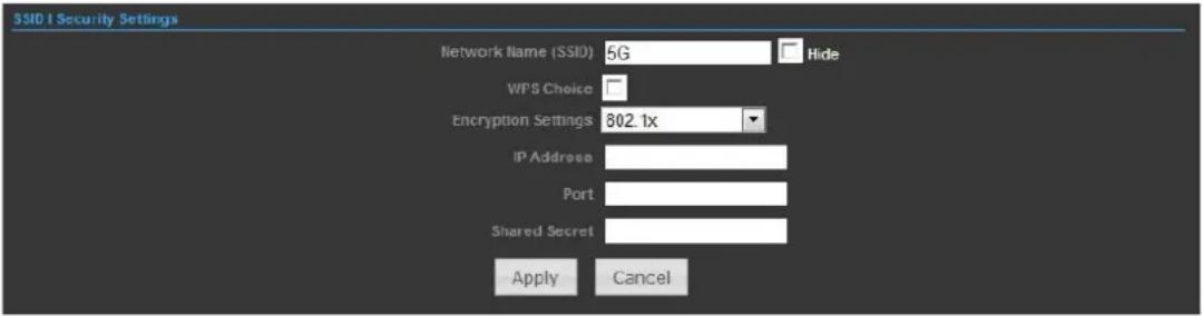 SSID I Security Settings Network Name (SSID) 5G Hide WPS Choice Encryption Settings 802.1x IP Address Port Shared Secret Apply Cancel