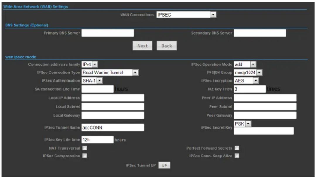 Wide Area Network (WALL) Settings WAN Connections IPSEC DNS Settings (Optional) Primary DNS Server Next Back Secondary DNS Server wan ipsec mode Connection address family IPv4 IPSec Connection Type Road Warrior Tunnel IPSec Authentication SHA-1 SA connection Life Time hours Local IP Address Local Subnet Local Gateway IPSec Tunnel Name accCONN IPSec Key Life time 12h hours NAT Transversal IPSec Compression IPSec Tunnel UP UP IPSec Operation Mode add PFSJDH Group modp1024 IPSec Encryption AES IKE Key Tries 3 times Peer IP Address Peer Subnet Peer Gateway IPSec Secret Key PSK