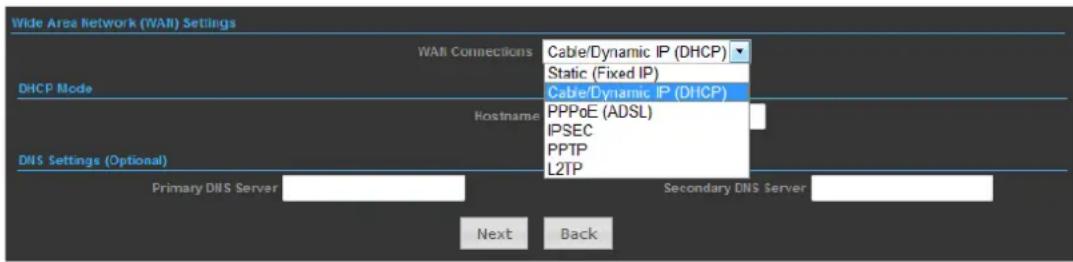 Wide Area Network (WAI) Settings DHCP Mode WAI Connections Cable/Dynamic IP (DHCP) Static (Fixed IP) Cable/Dynamic IP (DHCP) Hostname PPPoE (ADSL) IPSEC PPTP L2TP DNS Settings (Optional) Primary DIIS Server Next Back Secondary DNS Server