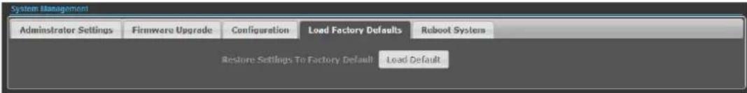 System Management Administrator Settings Firmware Upgrade ConfigurationLoad Factory Defaults Reboot System Restore Settings To Factory DefaultLoad Default