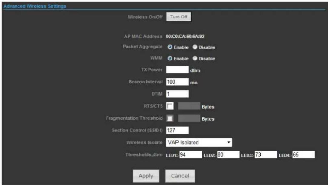 Advanced Wireless Settings Wireless On/Off Turn Off AP MAC Address 00:C0:CA:60:6A:92 Packet Aggregate Enable Disable WMM Enable Disable TX Power dBm Beacon Interval 100 ms DTIM 1 RTS/CTS Bytes Fragmentation Threshold Bytes 5 Section Control (SSID I) 127 Wireless Isolate VAP Isolated Thresholds.dbm LED1: 94 LED2: 80 LED3: 73 LED4: 65 Apply Cancel
