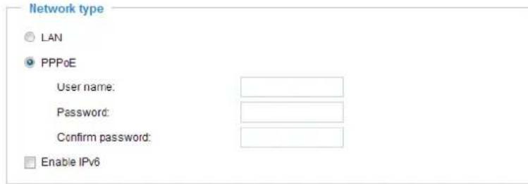 Network type LAN PPPoE User name: Password: Confirm password: Enable IPv6