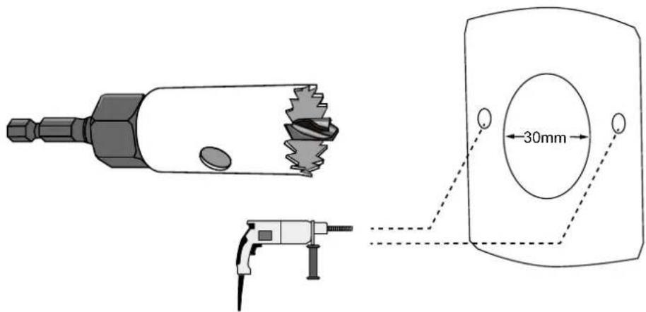 Technical diagram showing a drill bit and a 30mm measurement label on a mechanical component