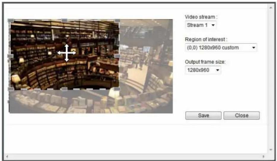 Video stream : Stream 1 Region of interest : (0,0) 1280x960 custom Output frame size: 1280x960 Save Close