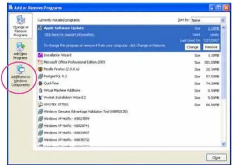 Add or Remove Programs Currently installed programs: Sort by: Name Apple Software Update Size 2.10MB Used table Last Used On 7/27/2007 To change this program or remove it from your computer, click Change or Remove. Change Remove Installation Wizard Size 1.10MB Microsoft Office Professional Edition 2003 Size 581.00MB Mozilla Firefox (2.0.0.6) Size 20.34MB PostgreSQL 8.2 Size 67.50MB QuickTime Size 74.39MB Virtual Machine Additione Size 0.90MB Wrotek Installation Wizard 2 Size 5.50MB VHOTEX ST7501 Size 66.96MB Windows Genuine Advantage Validation Tool (KB992130) Windows XP Hotfix - KB823559 Windows XP Hotfix - KB828741 Windows XP Hotfix - KB833407 Windows XP Hotfix - KB835732 Close