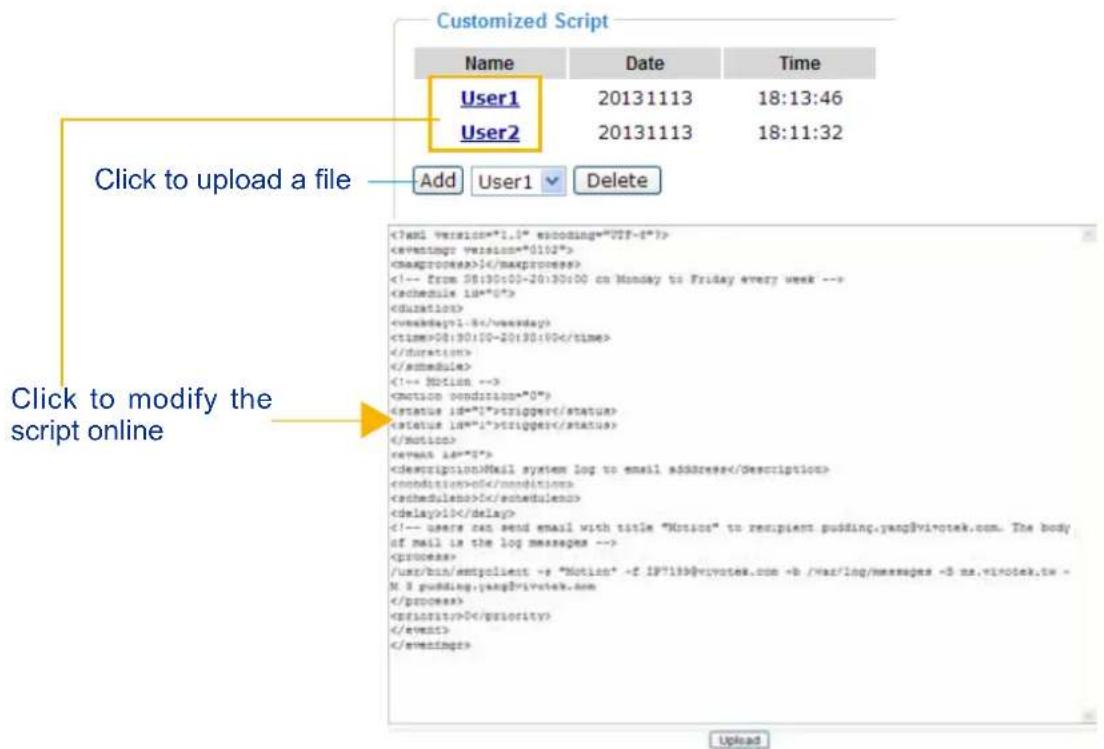 Customized Script Name Date Time User1 20131113 18:13:46 User2 20131113 18:11:32 Click to upload a file Add User1 Delete Click to modify the script online [ 08:30:00-20:30:00