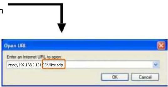 Open URL Enter an Internet URL to open rtsp://192.168.5.151:554/live.xdp OK Cancel