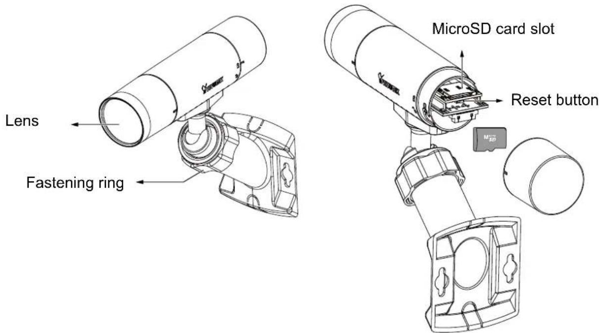 Lens Fastening ring MicroSD card slot Reset button MicroSD