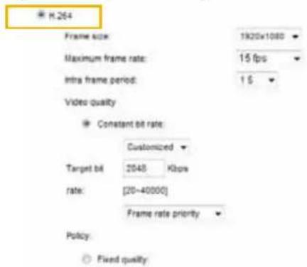 H.264 Frame size: 1920x1080 Maximum frame rate: 15 fps intra frame period: 1 $ Video quality Constant bit rate: Customized Target bit 2048 Kbps rate: [20~40000] Frame rate priority Policy: Fixed quality:
