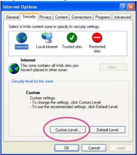 Internet Options General Security Privacy Content Connections Programs Advanced Select a Web content zone to specify its security settings. Internet Local intranet Trusted sites Restricted sites Internet This zone contains all Web sites you haven't placed in other zones Security level for this zone Custom Custom settings. - To change the settings, click Custom Level. - To use the recommended settings, click Default Level. Custom Level... Default Level OK Cancel Apply
