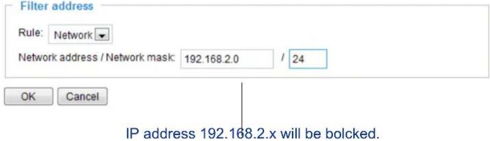 Filter address Rule: Network Network address / Network mask: 192.168.2.0 / 24 OK Cancel IP address 192.168.2.x will be bolcked.