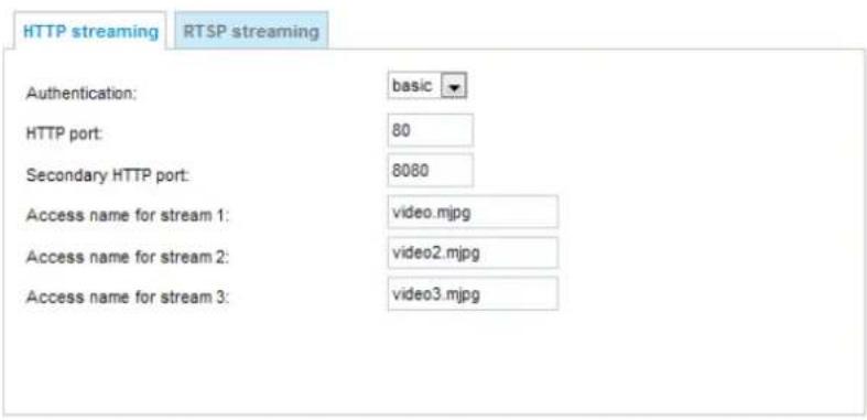 HTTP streaming RTSP streaming Authentication: basic HTTP port: 80 Secondary HTTP port: 8080 Access name for stream 1: video.mjpg Access name for stream 2: video2.mjpg Access name for stream 3: video3.mjpg