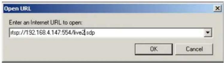 Open URL Enter an Internet URL to open: itsp://192.168.4.147:554/live2.sdp OK Cancel