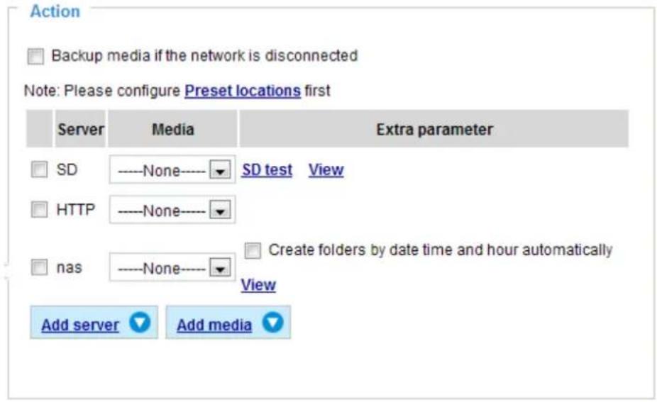 Action Backup media if the network is disconnected Note: Please configure Preset locations first Server Media Extra parameter SD ----None---- SD test View HTTP ----None---- nas ----None---- Create folders by date time and hour automatically View Add server Add media