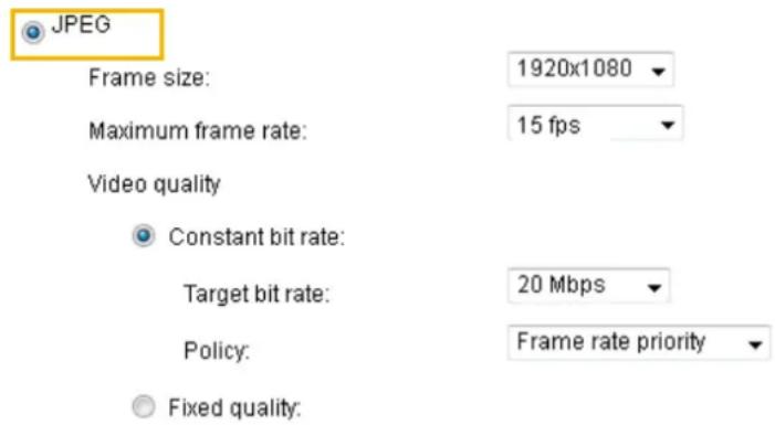 JPEG Frame size: 1920x1080 Maximum frame rate: 15 fps Video quality Constant bit rate: Target bit rate: 20 Mbps Policy: Frame rate priority Fixed quality: