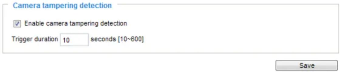 Camera tampering detection ✓ Enable camera tampering detection Trigger duration 10 seconds [10~600] Save