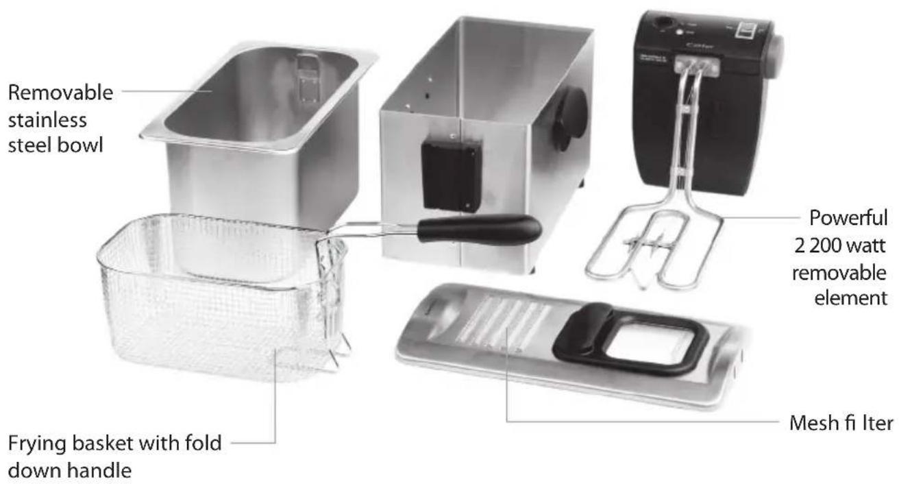 Removable stainless steel bowl Powerful 2 200 watt removable element Mesh fi Iter Frying basket with fold down handle