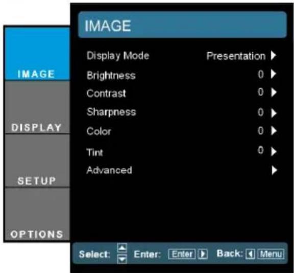 IMAGE Display Mode Presentation ▶ Brightness 0 ▶ Contrast 0 ▶ Sharpness 0 ▶ Color 0 ▶ Tint 0 ▶ Advanced ▶ DISPLAY SETUP OPTIONS Select: Enter: Enter ▶ Back: ▶ Menu