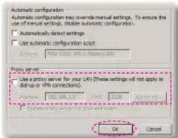 Automatic configuration Automatic configuration may override manual settings. To ensure the use of manual settings, disable automatic configuration. □ Automatically detect settings □ Use automatic configuration script Address: http://101.104.1/Proxy.doc Proxy server: Use a proxy server for your LAN (These settings will not apply to diff-up or VPN connections). Access: 102.888.1.3 Port: 102 Apply via: □ Complete proxy server for additional features OK Cancel