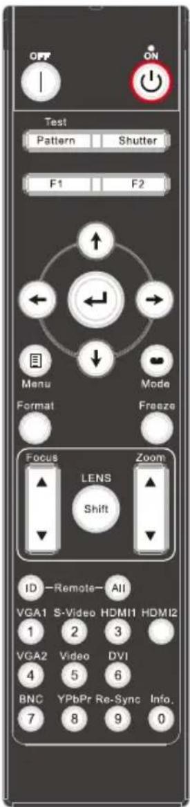 OFF Test Pattern Shutter F1 F2 Menu Mode Format Freeze Focus LENS Zoom Shift ID Remote All VGA1 S-Video HDMI1 HDMI2 1 2 3 VGA2 Video DVI 4 5 6 BNC YPbPr Re-Sync Info. 7 8 9 0