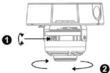 Diagram of a mechanical device with numbered parts and rotation arrows indicating motion or assembly.