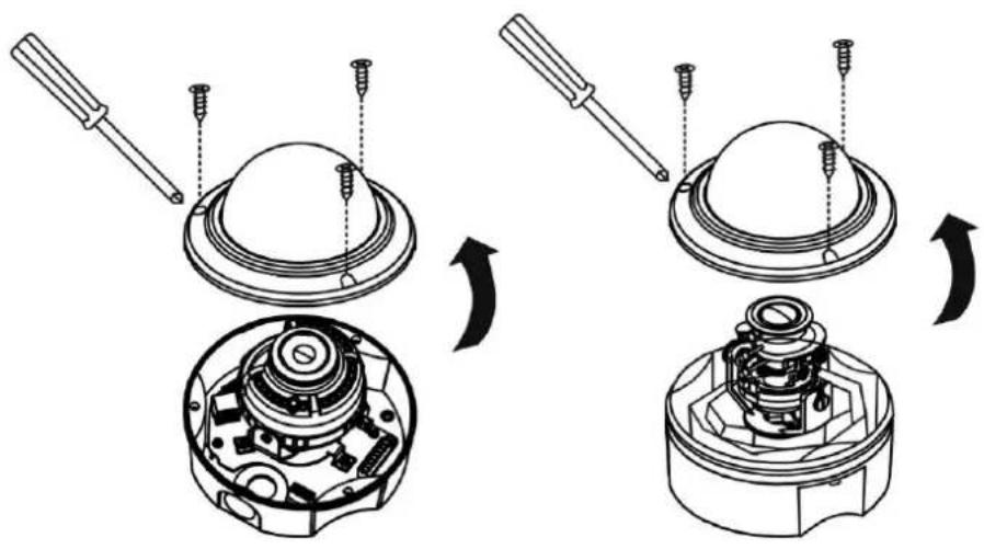 Mechanical assembly diagram showing three stages of a mechanical component with screw fasteners and internal components (no text or labels)