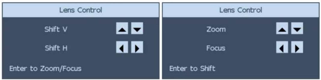 Lens Control Shift V Shift H Enter to Zoom/Focus Lens Control Zoom Focus Enter to Shift