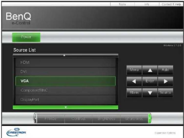 BenQ e-Control Tools Info Contact IT Help Power Source List HDMI DVI VGA ComponentBNC DisplayPort Menu Auto Enter Blank Source Freeze Centbus Englishos Sharpfile CRESTRON Expansion Options