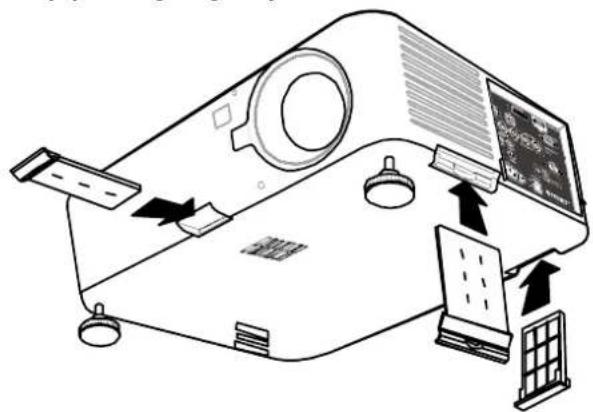 Diagram of a projector with labeled components and directional arrows indicating motion or assembly