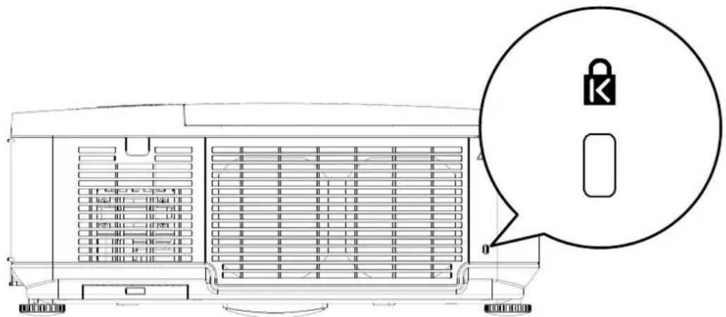 Technical diagram of a vehicle or enclosure with labeled components and a speech bubble containing a lock icon.