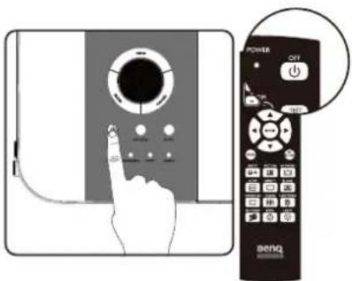 Diagram showing a hand pressing a button on a device with a power screen and a Benq remote control labeled 'Beng'