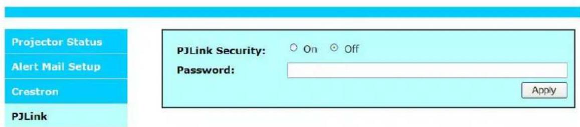 Projector Status Alert Mail Setup Crestron PJLink PJLink Security: ○ On ○ Off Password: Apply