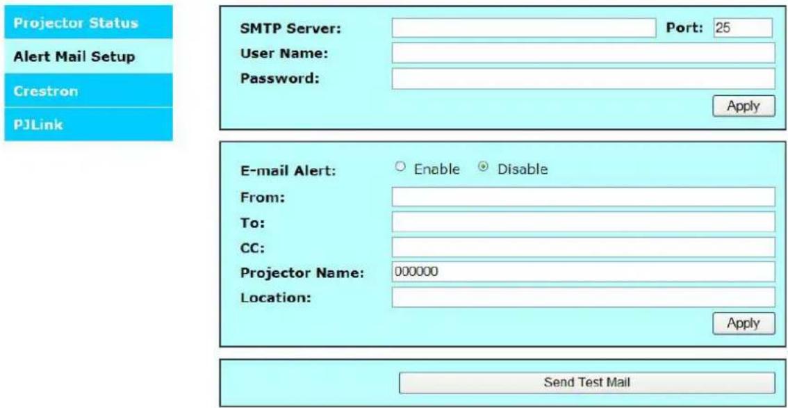 Projector Status Alert Mail Setup Crestron PJLink SMTP Server: Port: 25 User Name: Password: Apply E-mail Alert: ○ Enable ○ Disable From: To: CC: Projector Name: 000000 Location: Apply Send Test Mail