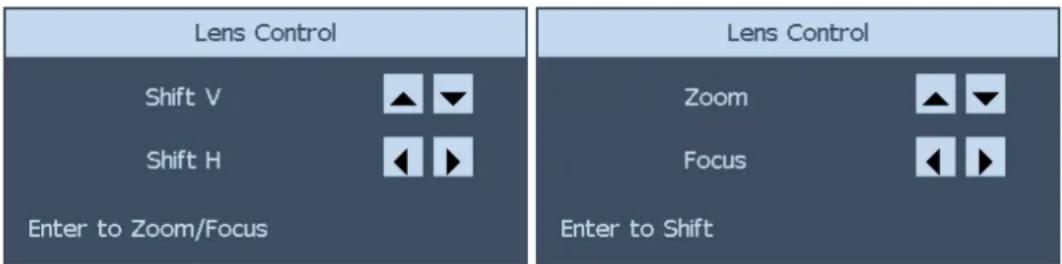 Lens Control Shift V Shift H Enter to Zoom/Focus Lens Control Zoom Focus Enter to Shift