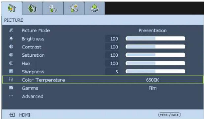 PICTURE Picture Mode Brightness 100 Contrast 100 Saturation 100 Hue 100 Sharpness 5 Color Temperature 6500K Gamma Film Advanced HDMI MENU / BACK