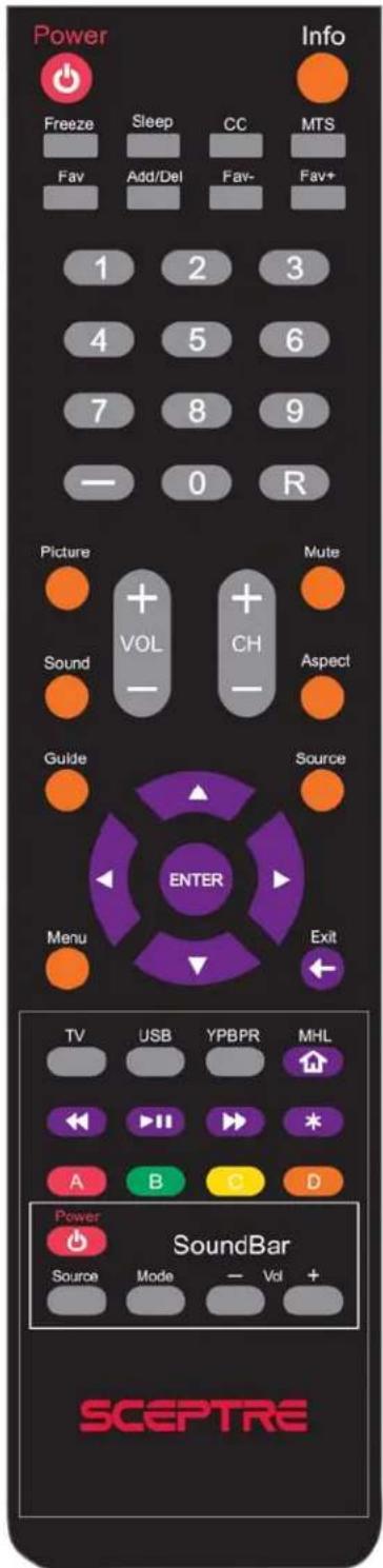 Power Freeze Sleep CC MTS Fav Add/Del Fav- Fav+ 1 2 3 4 5 6 7 8 9 — 0 R Picture VOL CH Sound Aspect Guide Source ENTER Menu Exit TV USB YPBPR MHL A B C D Power Source Mode — Vol + SoundBar SCEPTRE