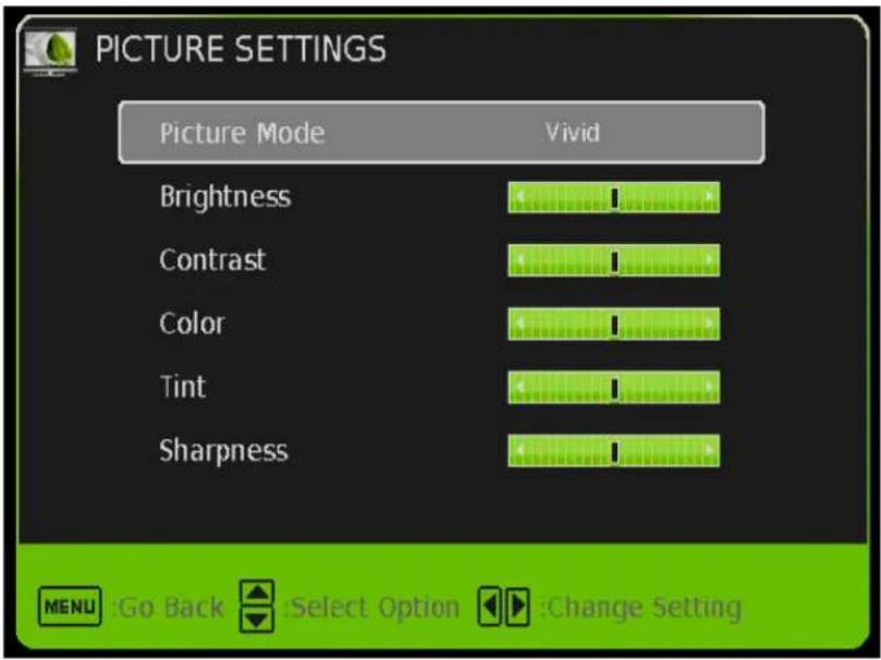 PICTURE SETTINGS Picture Mode Vivid Brightness Contrast Color Tint Sharpness MENU :Go Back Select Option Change Setting