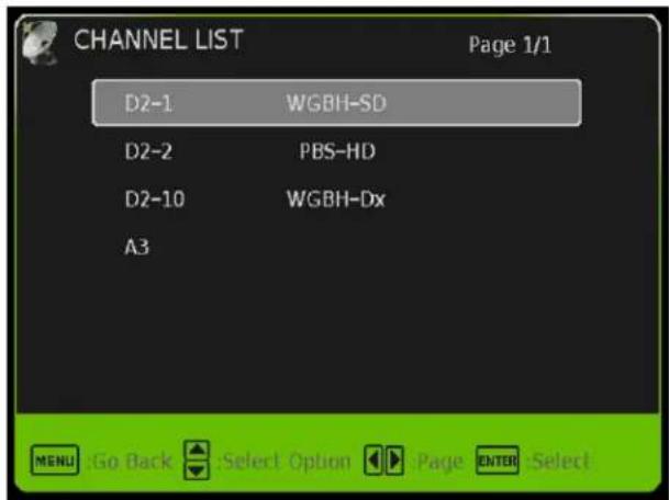 CHANNEL LIST Page 1/1 D2-1 WGBH-SD D2-2 PBS-HD D2-10 WGBH-Dx A3 MENU Go Back Select Option Page ENTER Select