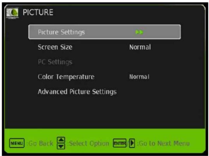PICTURE Picture Settings Screen Size Normal PC Settings Color Temperature Normal Advanced Picture Settings MENU Go Back Select Option ENTER Go to Next Menu