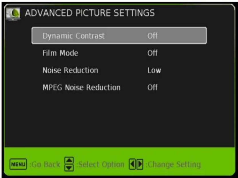 ADVANCED PICTURE SETTINGS Dynamic Contrast Off Film Mode Off Noise Reduction Low MPEG Noise Reduction Off