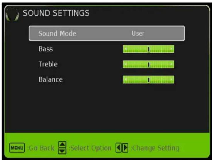 SOUND SETTINGS Sound Mode User Bass Treble Balance MENU :Go Back Select Option Change Setting
