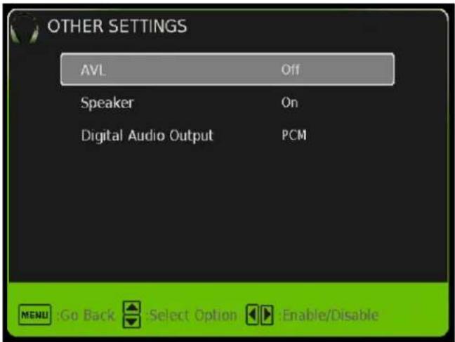 OTHER SETTINGS AVL Off Speaker On Digital Audio Output PCM MENU:Go Back Select Option Enable/Disable