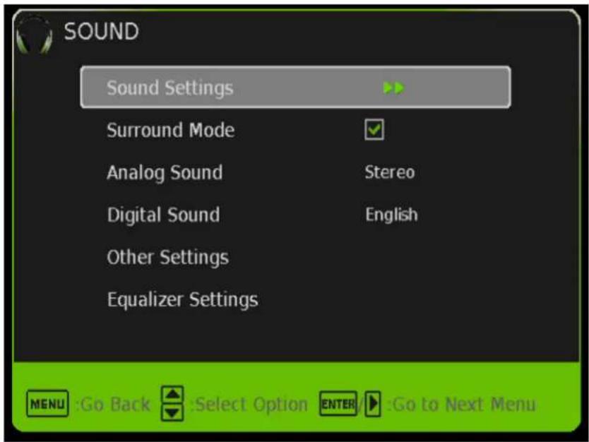SOUND Sound Settings Surround Mode Analog Sound Digital Sound Other Settings Equalizer Settings MENU :Go Back :Select Option ENTER :Go to Next Menu