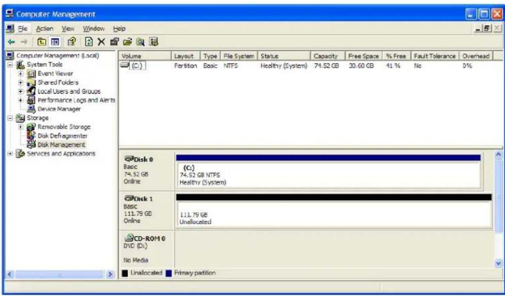 Computer Management File Action View Window Help Computer Management (Local) System Tools Event Viewer Shared Folders Local Users and Groups Performance Logs and Alerts Device Manager Storage Removable Storage Disk Defragmenter Disk Management Services and Applications Volume Layout Type File System Status Capacity Free Space % Free Fault Tolerance Overhead (C:) Partition Basic NTFS Healthy (System) 74.52 GB 30.60 GB 41% No 0% Disk 0 Basic 74.52 GB Online (C:) 74.52 GB NTFS Healthy (System) Disk 1 Basic 111.79 GB Online 111.79 GB Unallocated CD-ROM 0 DVD (D:) No Media ■ Unallocated ■ Primary partition