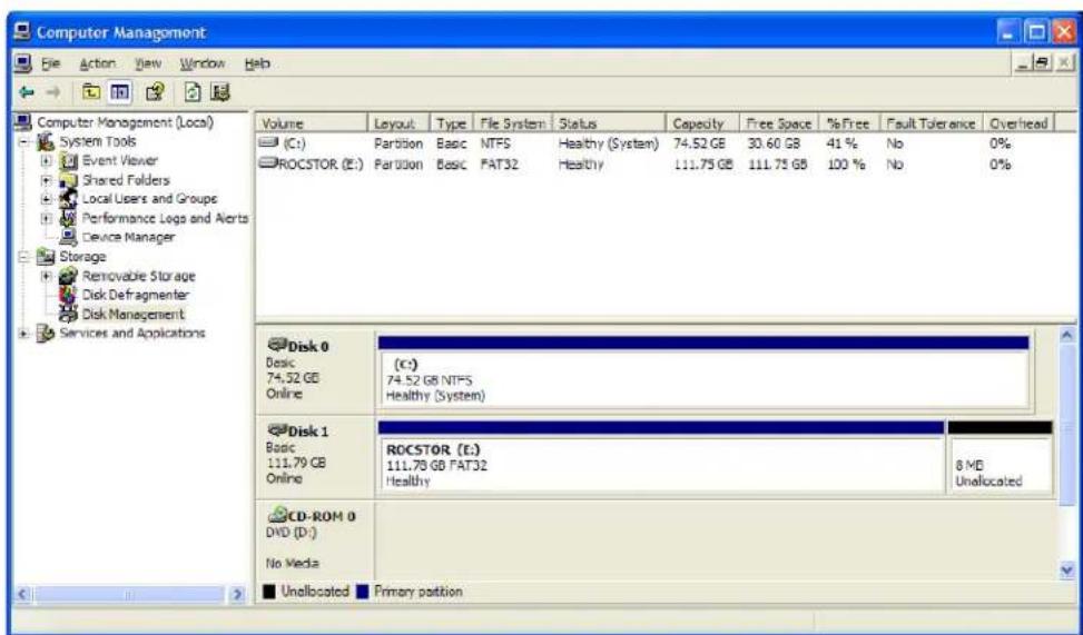 Computer Management File Action View Window Help Volume Layout Type File System Status Capacity Free Space % Free Fault Tolerance Overhead (C:) Partition Basic NTPS Healthy (System) 74.52 GB 30.60 GB 41 % No 0% ROCSTOR (E:) Partition Basic FAT32 Healthy 111.75 GB 111.75 GB 100 % No 0% Disk 0 Basic (C:) 74.52 GB NTPS Healthy (System) Disk 1 Basic ROCSTOR (E:) 111.78 GB FAT32 Healthy 8 MB Unallocated CD-ROM 0 DVD (D:) No Media Unallocated Primary partition