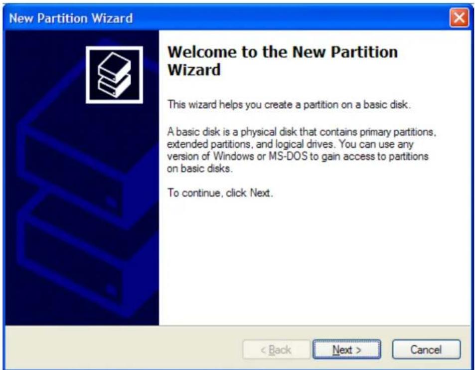New Partition Wizard Welcome to the New Partition Wizard This wizard helps you create a partition on a basic disk. A basic disk is a physical disk that contains primary partitions, extended partitions, and logical drives. You can use any version of Windows or MS-DOS to gain access to partitions on basic disks. To continue, click Next. < Back Next > Cancel