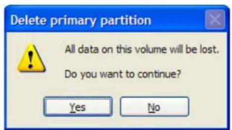 Delete primary partition All data on this volume will be lost. Do you want to continue? Yes No