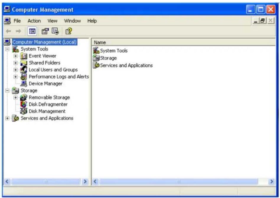 Computer Management File Action View Window Help Computer Management (Local) System Tools Event Viewer Shared Folders Local Users and Groups Performance Logs and Alerts Device Manager Storage Removable Storage Disk Defragmenter Disk Management Services and Applications Name System Tools Storage Services and Applications