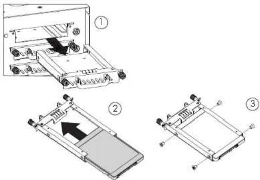 Technical diagram showing three views of a device with labeled components and directional arrows indicating movement or assembly.