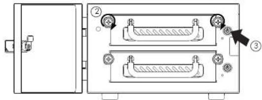 Technical diagram of a device rear panel with labeled ports and connection points